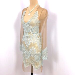 Sheer Sexy Illusion Nude Tan Mesh Seafoam Green Delicate Lace Mini Dress Size S